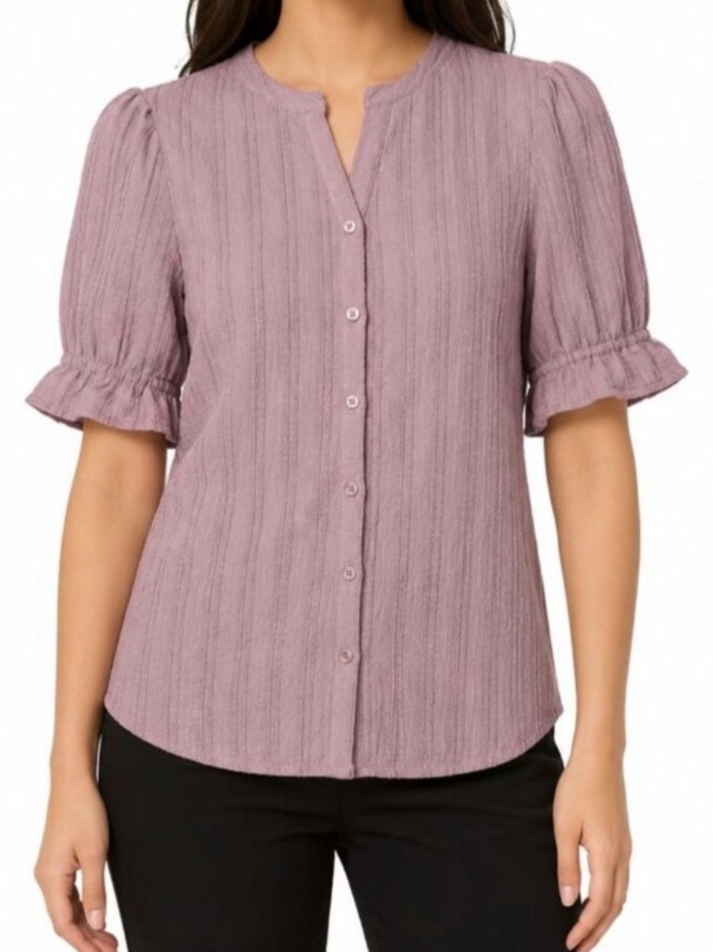 Cable & Gauge Mauve Button-Front Puff Sleeve Blouse Size S